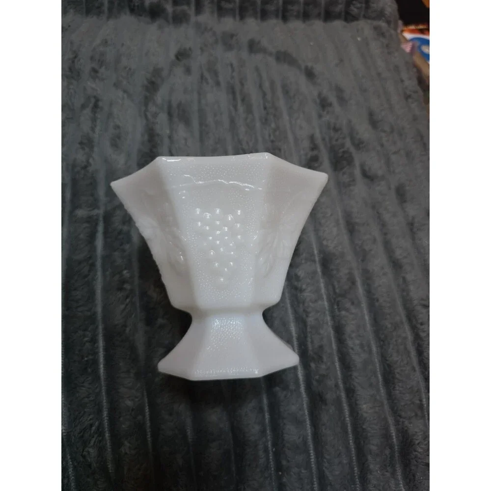 Vintage White Milk Glass Grape Pattern Pedestal Bowl Footed Octagon 5' Tall